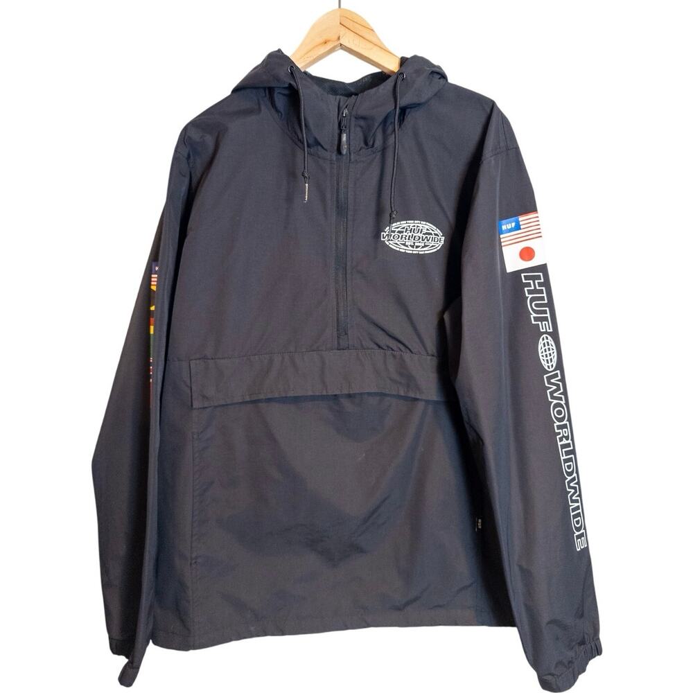HUF Worldwide Flag Anorak Windbreaker Jacket Black Half Zip Streetwear Large - Picture 4 of 9